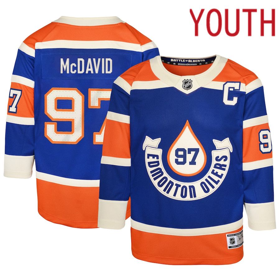 Youth Edmonton Oilers #97 Connor McDavid Royal 2023 NHL Heritage Classic Premier Player Jersey